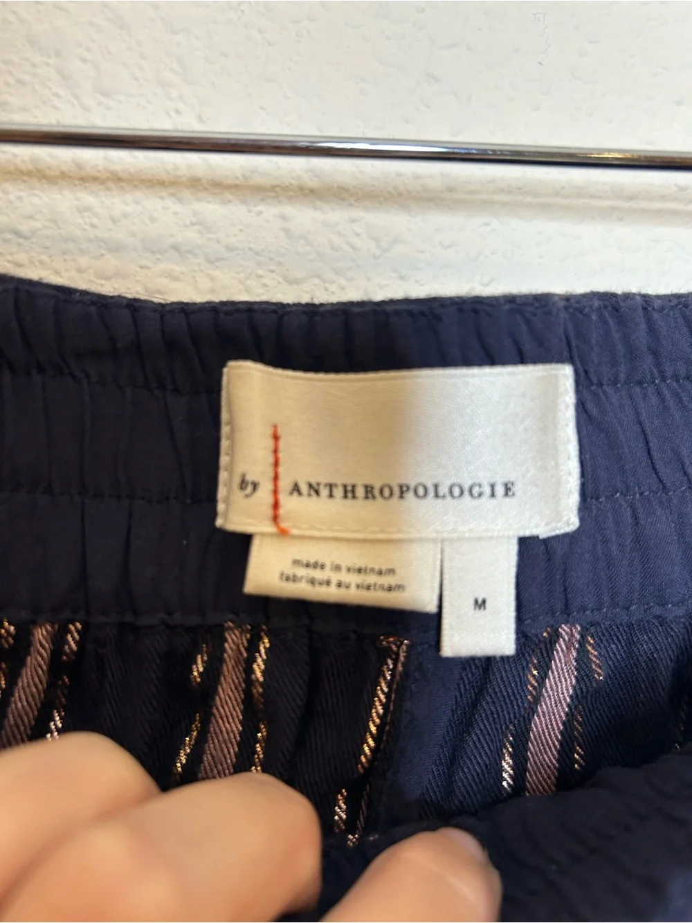 Anthropologie Navy & Pink Metallic Striped Woven Drawstring Shorts M